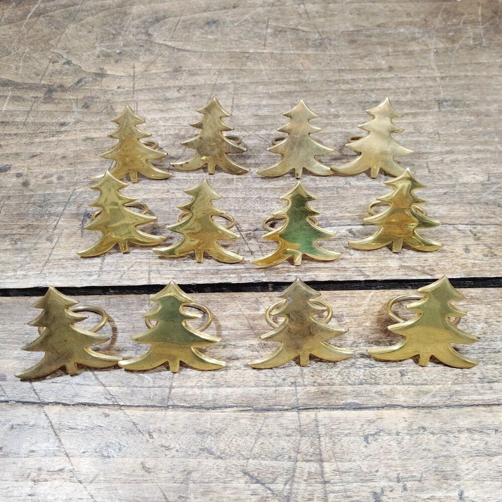 Set Of 12 Vintage Brass Christmas Tree Holiday Rustic Napkin Ring Holders